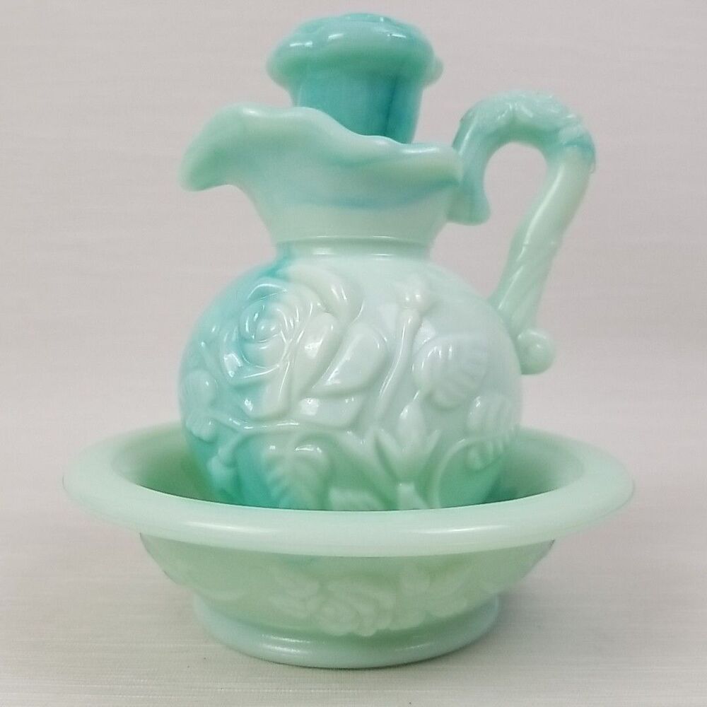 Vintage Avon Victoriana Rose Pitcher & Bowl Faux Jadeite Green Glass Vanity Set